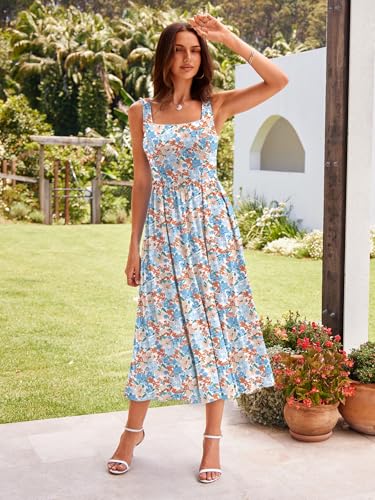 Image of Sureple Midi Dresses for Women 2026 Spring Square Neck Tank Sleeveless A Line Casual Summer Sundresses with Pockets