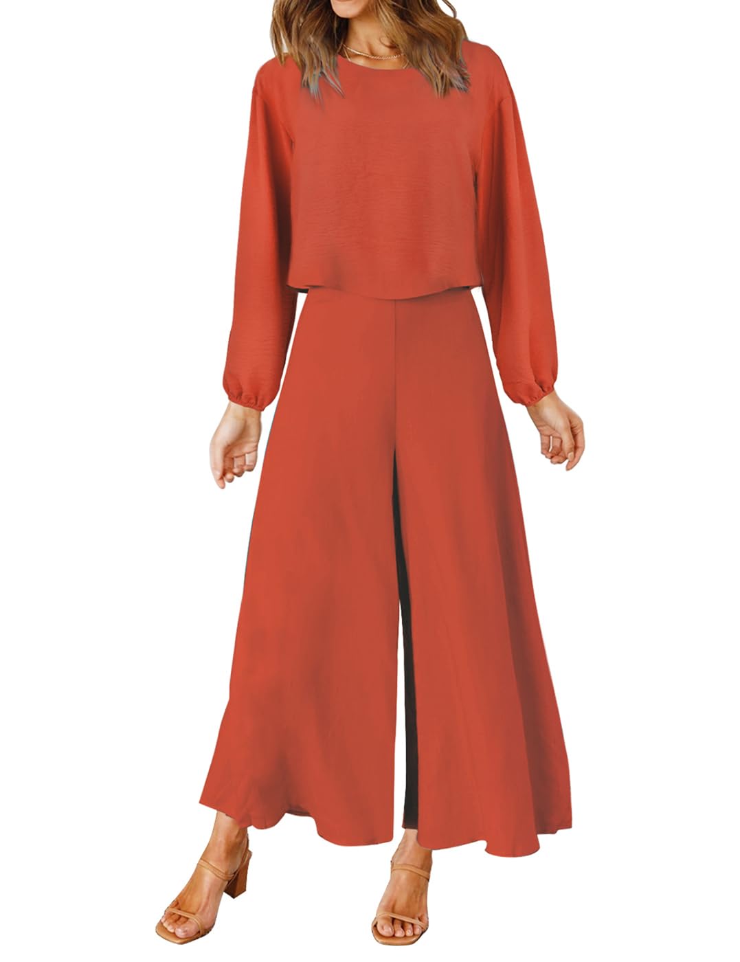 FANCYINN Conjunto de dos piezas para mujer de verano Manga larga de cuello redondo y pantalón ancho cortado