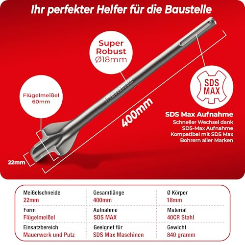 SCHWABENBACH® Flügelmeißel SDS MAX 60 x 400 mm – Ideal zum Entfernen von Putz, Ziegel und Mauerwerk – SDS MAX Meißel für Bohrhammer – Gehärtete Spitze – Langlebig & Robust