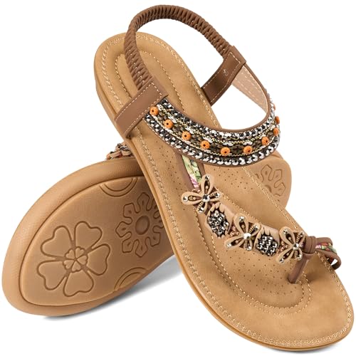 Image of Ablanczoom Flat Sandals for Women Summer: Casual Boho Beaded Toe Ring Dress Shoes - Comfortable Vacation Daily Walking Shoes