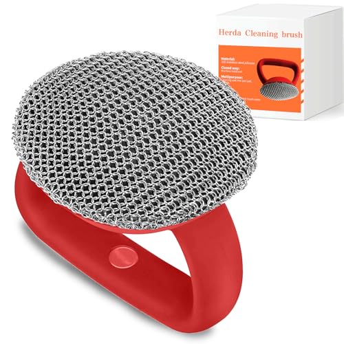 Image of Cast Iron Scrubber with Heavy Duty Handle, Cast Iron Cleaner Chainmail Cleaning Brush,Metal Chain Mail Scrubbing Pad Tool to Clean Grill,Skillet,Frying Pan, Wok,Dutch Oven, Safe Steel Scrubber Sponge