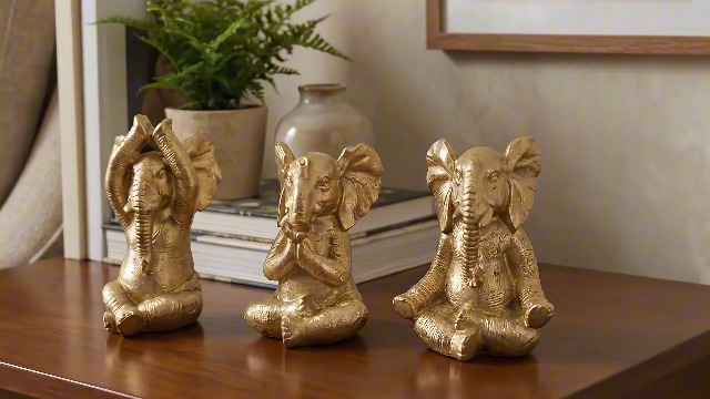 Juego de 3 Figuras Elefante de Resina en Pose de Meditación Dorado miniatura 7