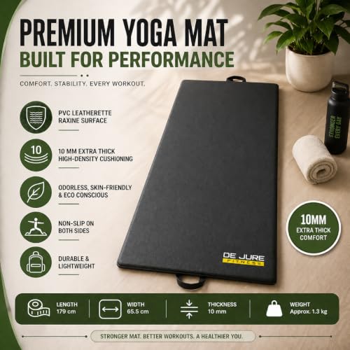 Image of De Jure Fitness PVC Leatherette Yoga Mat 10mm Thick | Non-Slip XL Exercise Mat | High-Density Cushioning | Odorless, Eco-Friendly & Sweat-Resistant | Home Gym Workout Mat | Grey - 10MM