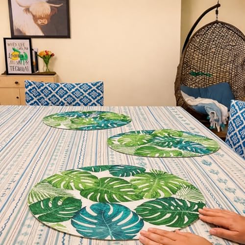 Image of Jute Cotton Round Table Mats Set of 6 - Dining Table mat 6 Pieces Waterproof, Elegant and Durable for Dining Table (Green Leaf)