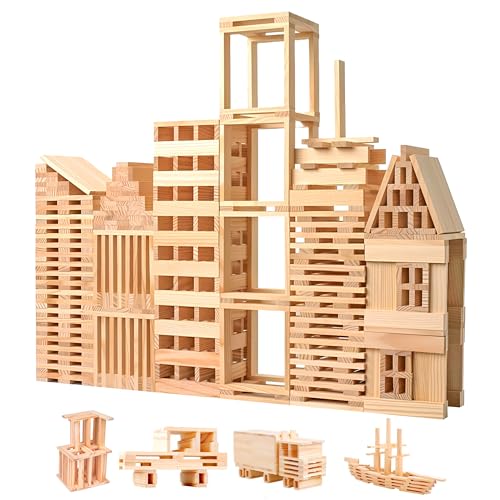 Play Build Wooden Building Blocks Set - 200-Piece Plank Block Construction Toys STEM Educational Wood Toy for Kids and Toddlers