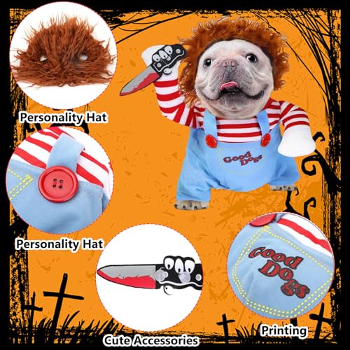 Halloween Kostüme für Hunde, Deadly Doll Verkleidungen für Haustier, Hund Schreckliches Kostüm, Lustige Hund Party Kleidung, Hundekostüm mit Messer Perücke, für Halloween Haustier Cosplay Party