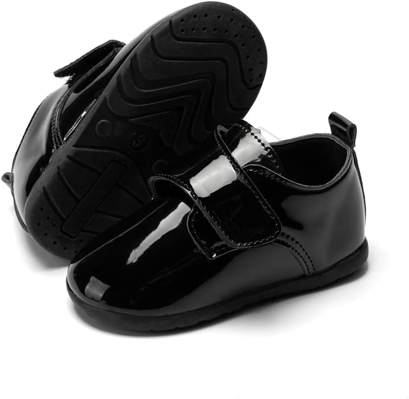 Infant Baby Boys Girls Classic PU Leather Wedding Loafers Brogue Toddler Oxford Dress Shoes First Steps Walking Flat Lazy Crib Shoe, A04/Black, 12-18 Months Toddler