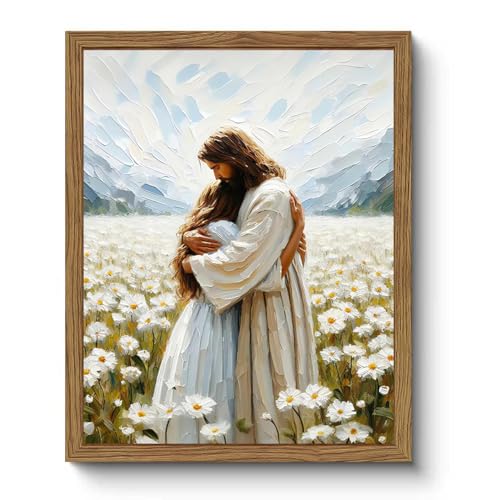 Natural Wood Framed Jesus Embracing Woman Canvas Wall Art Religious