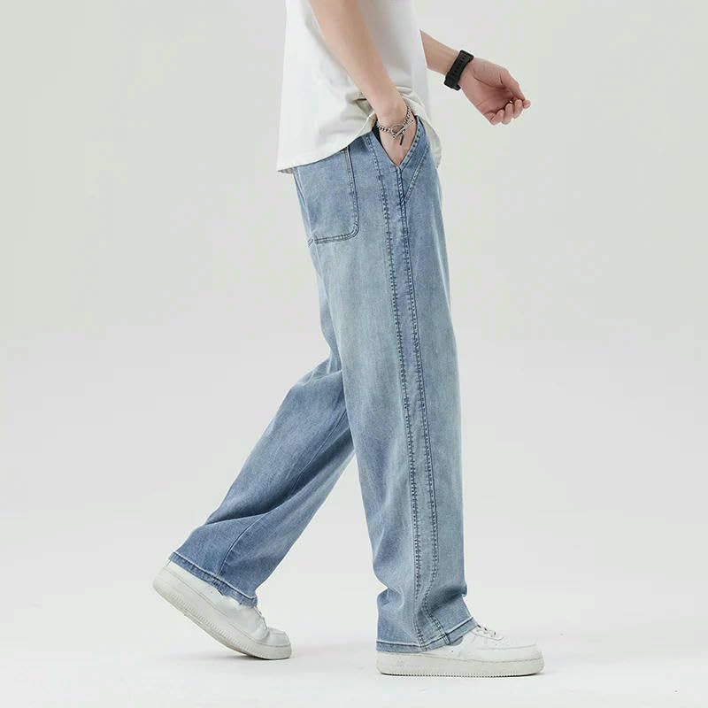 Mens Summer Thin Soft Lyocell Fabric Jeans Men Elastic Waist Straight Breathe Denim Pants Male Trousers2
