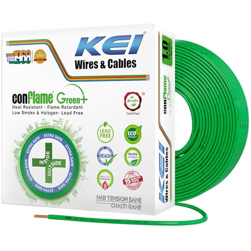 Image of KEI CONFLAME GREEN PLUS 1 sqmm 1 Core, 99.97% Pure Copper Conductor,FRLSH - Lead Less Insulation House Wire Suitable for Domestic & Industrial Electrical Wiring (Green, 180 Meters)