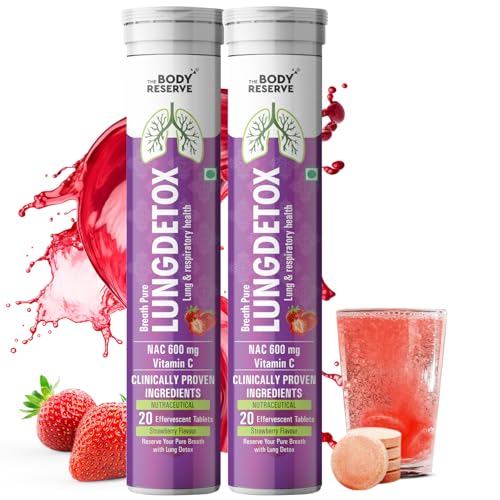 Image of The Body Reserve Lung Detox 40 Effervescent Tablets With N-Acetylcysteine 600mg and Vitamin C | Cleaner Lungs Detoxification and Immune Defence Strawberry Flavour, Pack of 2