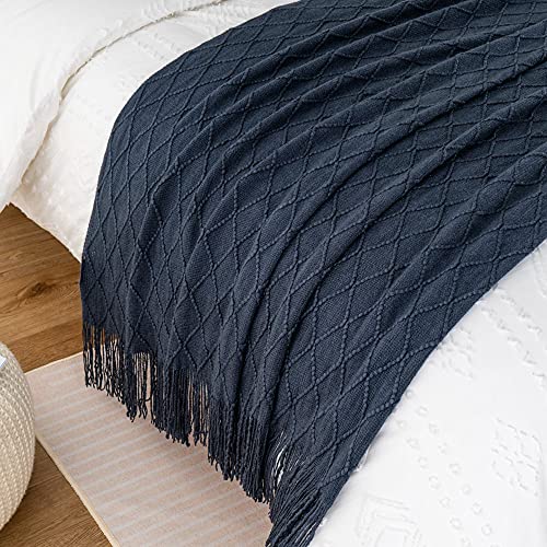 Battilo Home Navy Throw Blanket With Fringe Geometric Bed Blue Throws Spring Decorative Large Throw For Couch Sofa Indoor Outdoor (Navy, 52"X80") #TOP4