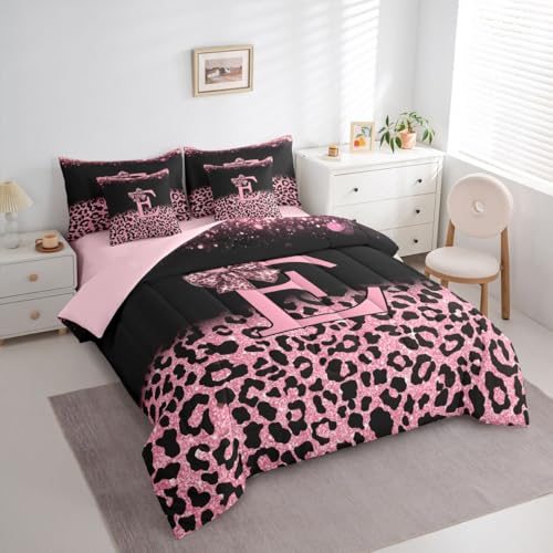 Image of Feelyou Pink Leopard Bow Full Comforter Set with Sheets for Kids Boys Girls Initial Letter E 7 Pieces Bedding Set Girly Bowknot Bed in a Bag Room Decor Soft Lightweight Microfiber