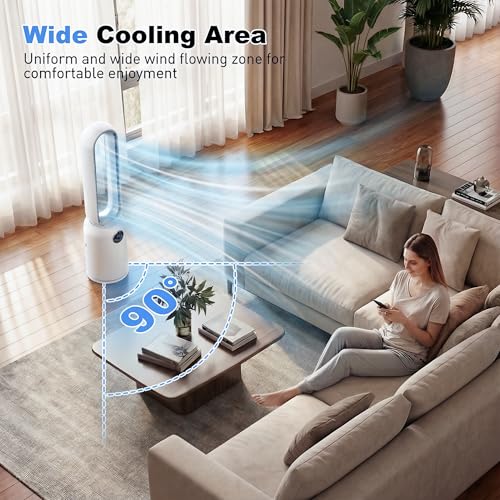 Image of 36 inch Bladeless Tower Fan for Bedroom, Powerful 26ft /s Airflow, 24 Speeds, 90 Oscillation, 12H Timer, Standing Fans with Remote, Quiet Bladeless Cooling Fan for Home Office Room, White Silver