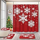 GRIEKOWE 4 Pcs Christmas Snowflake Red Winter Xmas Shower Curtain Set with Non-Slip Rugs Toilet Lid Cover and Bath Mat Bathroom Decor Set, Screen Full of Big Snowflakes Waterproof 72' x 72' in