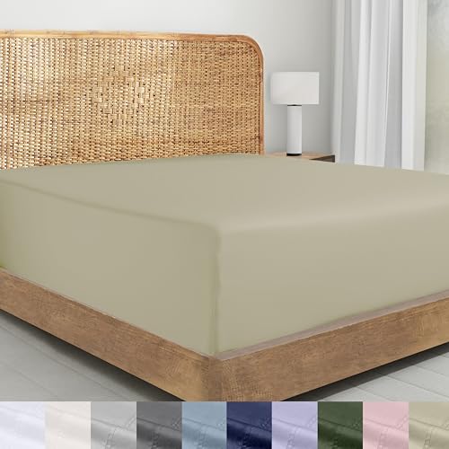Image of California Design Den 100% Organic Cotton Full Bed Fitted Sheet, Soft Taupe | GOTS Certified, Crisp & Airy Percale, 15 inch Deep Pocket, All-around Elastic, No-Pop Fit, Durable, Easy Care, Backed by GH Seal