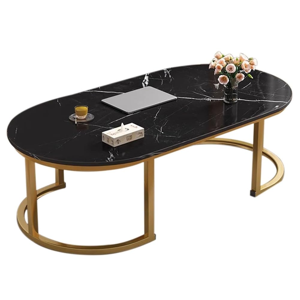 Table basse ovale moderne marbre noir 120 x 60 cm : table centrale design avec base en métal