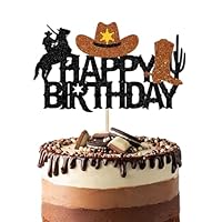 Cowboy Party Decorations,Cowboy Cake Decorations, Black and Brown Glitter Happy Birthday Cake Topper for Boys Men Western Theme Birthday Party Supplies