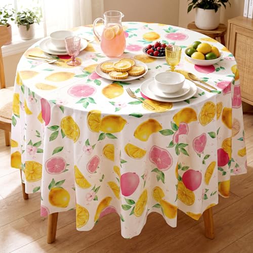Image of Ganeen 6 Pcs Lemon Plastic Tablecloth 84 Inch Pink Lemon Round Tablecloths Summer Theme Birthday Decor Disposable Plastic Round Waterproof Table Covers for Holiday Wedding Tea Decoration Party Favor