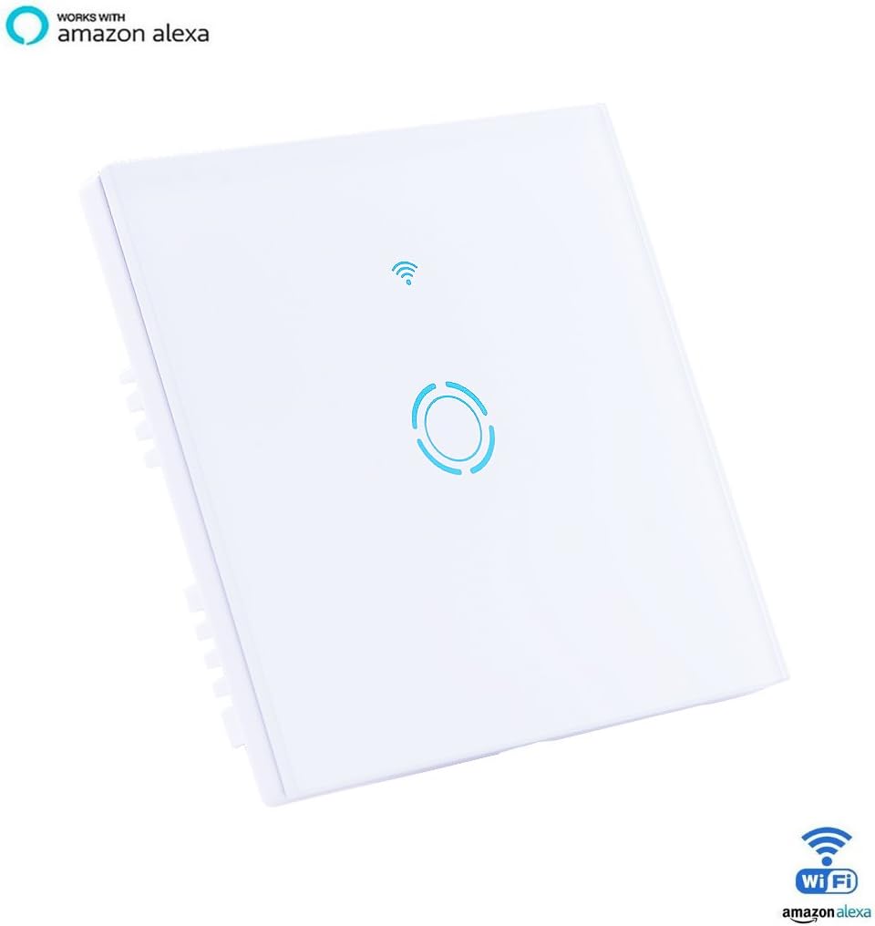 Smart WIFI Wall Light Switch 1 Gang Wireless Glass Touch Panel Timer Works with Alex Echo Support IOS/Android App(Neutral Wire Required)