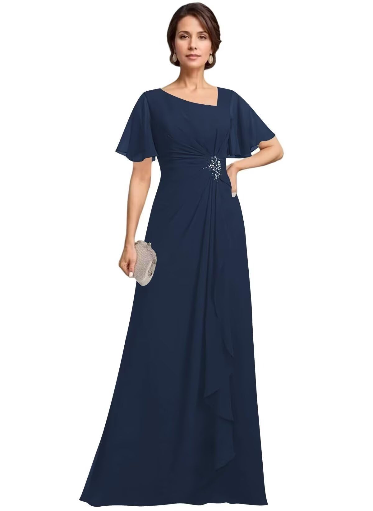 JAKIPPY Asymmetrical Neck Mother of The Bride Dresses with Pockets Ruffles Sleeves Chiffon Formal Evening Gowns