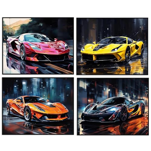 Fakcrkun 4 Pcs Affiches de Voiture, Art Mural de Voiture, Impressions d'Art Mural de Supercar, Impressions Classiques de Supercar pour Anniversaire de Garçons...