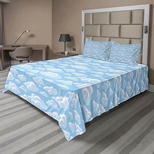 Cheapest 🛒 Ambesonne Cloud Sheet Set, Cartoon Illustration of Bubbly Cloud Cumulus Floating on Soft Blue Sky, Fitted and Flat Sheet with Pillowcases Bedding Accent 4 Piece Set, Calking, Pale Blue White Blue