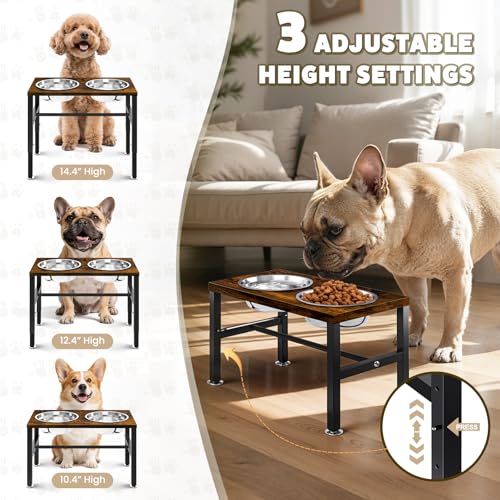 Elevated Dog Bowls, 3 Height Adjustable Raised Dog Water Food Bowl Wooden Metal Stand, 42OZ-Stainless Steel Bowls for Medium Small Dogs - Image 3