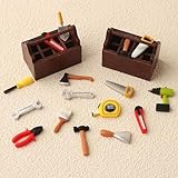 HERZWILD Miniatur Werkzeugkasten mit Werkzeug,Holzkiste Toolbox Werkzeugkoffer Werkzeugkiste mit Werkzeug Set,Puppenhaus Garten Möbel Zubehör für Puppenhaus Gartengeräte (B)