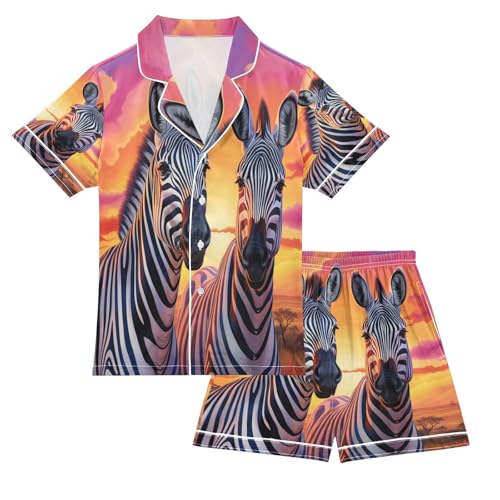 ALAZA Sunset Zebra Satin Pajamas Set Short Sleeve Button Down Sleepwear Summer Pjs 2 Piece
