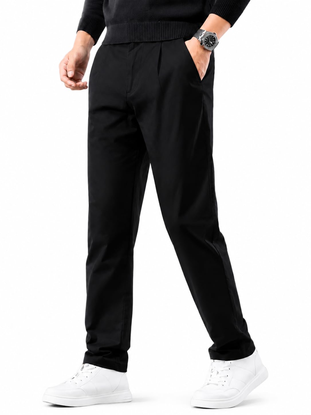 Men's Pure Cotton Formal Trousers | Regular Fit Solid Black Cotton Pants for Men | Comfortable Office Wear Flat Front Casual Trousers | Everyday Smart Bottom Wear-image-1