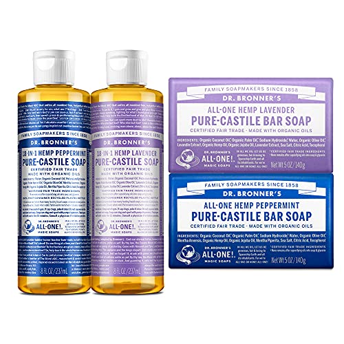 Dr. Bronner's - Peppermint & Lavender Gift Set - (2) 8 Ounce Pure-Castile Liquid Soaps and (2) 5 Ounce Castile Bar Soaps