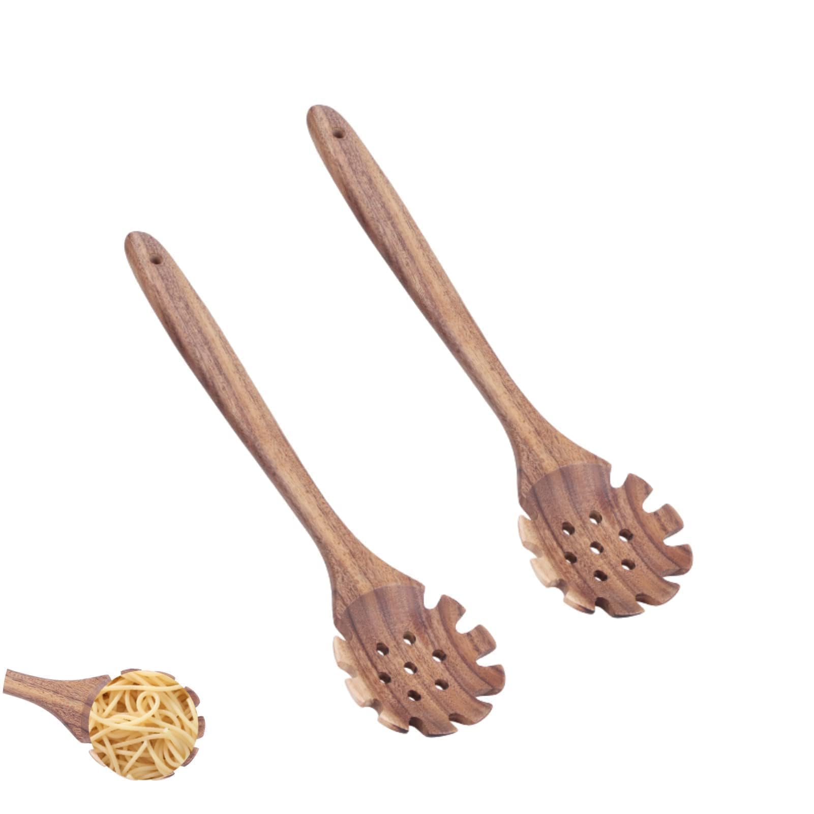 2Pcs Forchetta per Pasta in Legno, Cucchiaio per Pasta Server Cucchiaio per Spaghetti con Denti Cucchiaio per Pasta con Intaglio Cucchiaio per Sollevamento Pasta per Scolapasta per Spaghetti