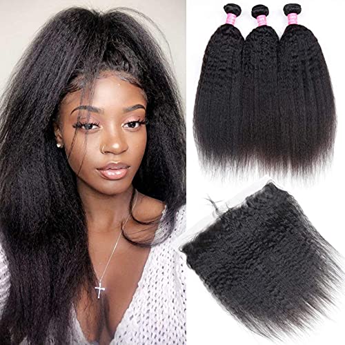 Brazilian Human Hair Kinky Straight Bundles With Frontal 20 22 24+18 Unprocessed 8A Yaki Straight Virgin Hair 3 Bundles With 13x4 Lace Frontal Ear to Ear Remy Sew in Hair Extensions Natural Black