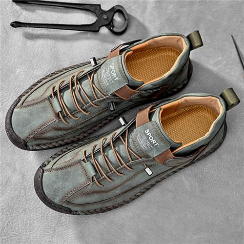 Image of Men'S Hand Stitching Leather Chukka Ankle Boots with Adjustable Elastic Band Casual Slip-On Non-Slip Walking Loafers Retro High Top Flat Shoes