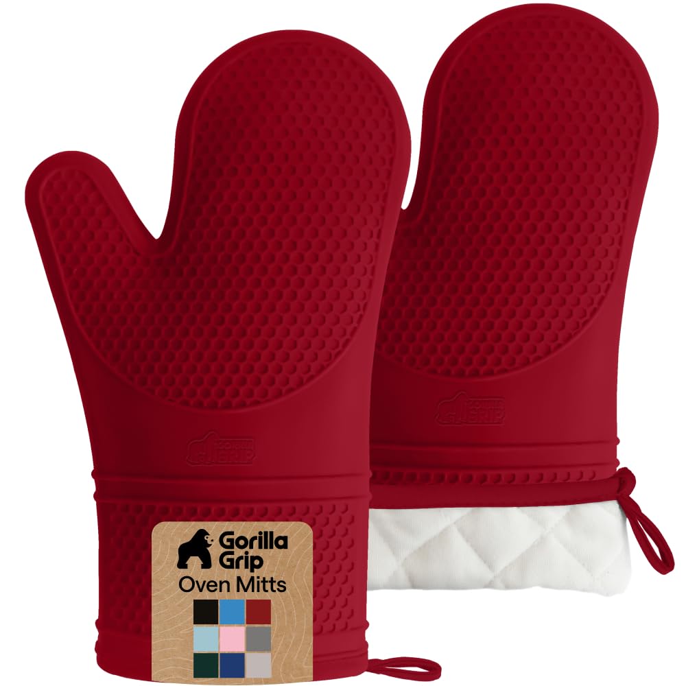 GORILLA GRIP Silicone Oven Mitts, 550F Heat Resistant, 12.5x8.3, Red