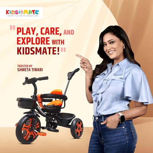Kidsmate Thunder Plug N Play Kids/Baby Tricycle with Safety Guard Rail and Parental Control | Storage Basket | Fabric Cushion Seat & Bell for 12 Months to 48 Months Boys/Girls (Black_Orange) - Image 2