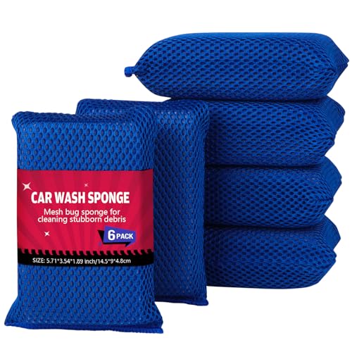 AIDEA Car Wash Sponge Microfiber Large Bug and Tar Remover for Cars Non Scratch Reusable Mesh Car Wash Sponges 6PK Blue 5.71 * 3.54 * 1.89 inch