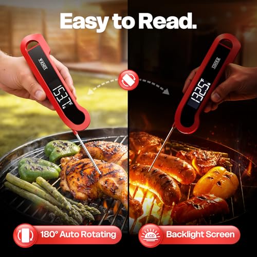 0.3 Sec Instant Read Thermometer for Cooking, IP67 Waterproof, Auto-Rotating Backlit Display, Red