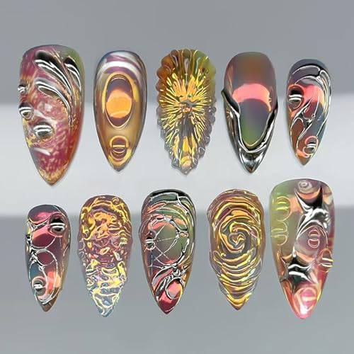 Amazon.com: 30Pcs Chrome Silver Press on Nails Medium Almond Fake Nails ...