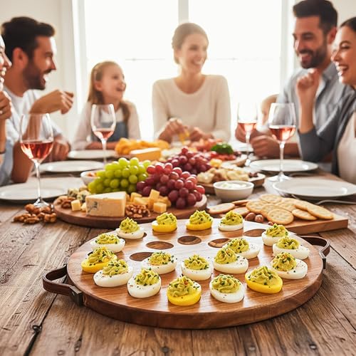 Image of Hiceeden Acacia Wood Deviled Egg Platter with Handles for Easter, 24 Holes Round Deviled Egg Tray Container, Reversible Charcuterie Board Egg Plate Serving Tray for Countertop