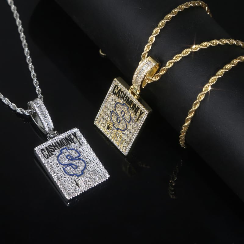 Hip Hop Cash Money Pendant Crown Dollar Shape Charm Necklace Gold Silver Plated Iced Out Bling Rectangle CZ Jewelry
