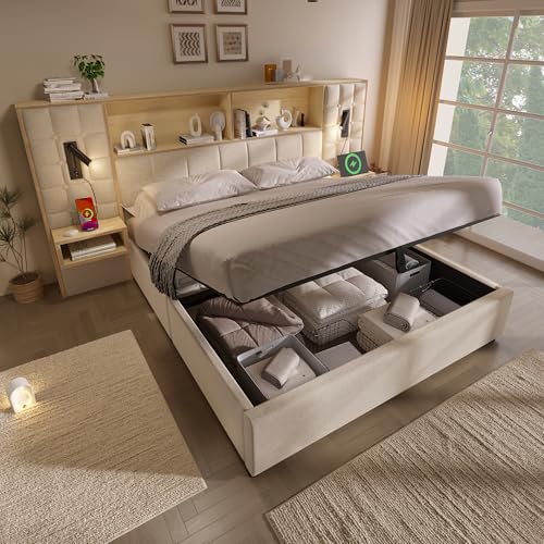 @Moflan Lin Cama tapizada de 160 x 200 cm con espacio de almacenamiento, cama de sistema beige, LED y 2 lámparas de lectura, 2 mesitas de noche integrales, puerto de carga USB Type-C, tela de lino