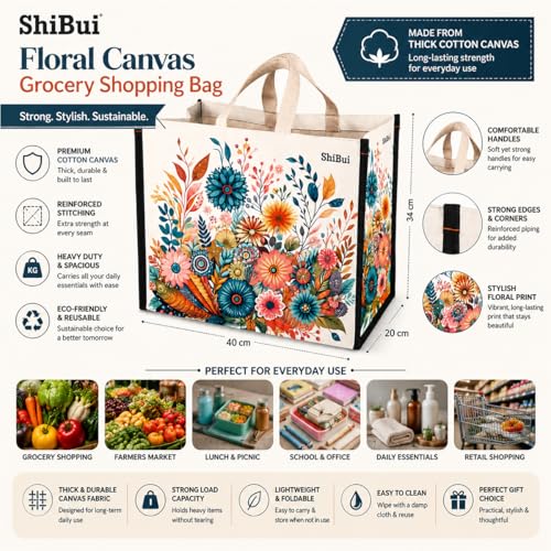 Image of SHIBUI Big Heavy Duty Large Eco Waterproof Cotton Canvas Cloth Grocery Shopping Bag for Men Ladies Vegetable Milk Fruits with Hand Carry Handle Lunch Box Jhola Tote Bags (6, Flower Print 2)
