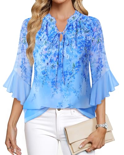 Lotusmile Women's Dressy Casual or Work Business Blouses Trendy Ruffle Neck Shirts 3/4 Sleeve Chiffon Tops