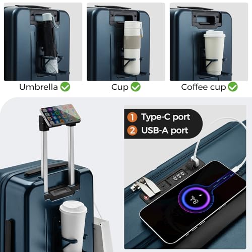 Image of Carry On Luggage Top Opening with Cup Holder & Phone Holder, Expandable PC Hard Shell Suitcase with USB Charging Port, Side Hook, 360 Spinner Wheels, TSA Lock & YKK Zippers