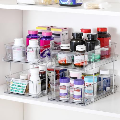 2 Set, 2 Tier Clear Organizer with Dividers for Cabinet, Shlef, Counter - MultiUse Slide-Out Storage Container - Kitchen, Pantry, Medicine Cupboard Bins, Bathroom, Vanity Makeup, Under Sink Organizing - Image 5