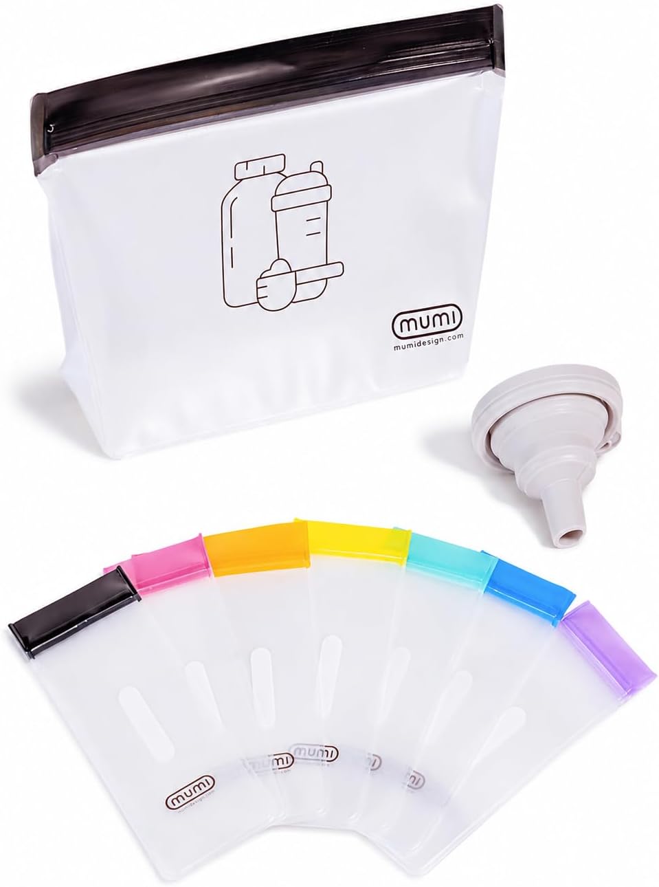 MUMI Single Dose Kit - 7pc (2.36” x 6.14”) Single Dose Reusable Powder Supplement Packets - 8” x 5” Powder Travel Containers Zip Up Bags