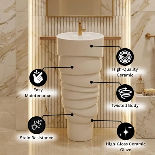 Image of Well Set Luxury Ceramic One Piece Pedestal Wash Basin | Premium Stand Wash Basin Square for Home Office Hotel | White