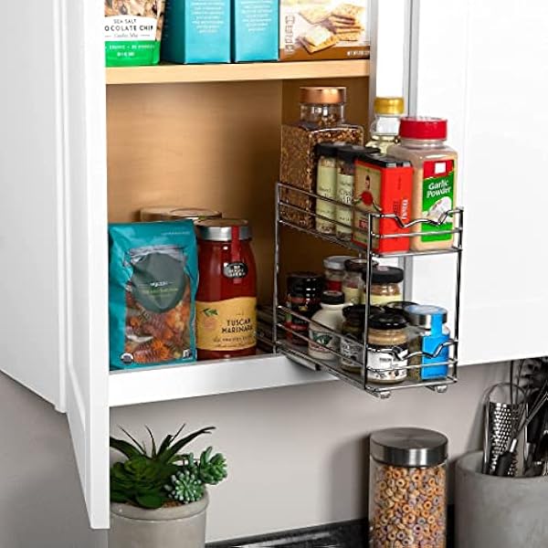 Utdragbar kryddhylla för skåp – robust utdragbar dubbelhylla 10 cm B för övre köksskåp och skafferiskåp, för kryddor, såser, burkar osv. Kräver minst 4,9 tums skåpöppning